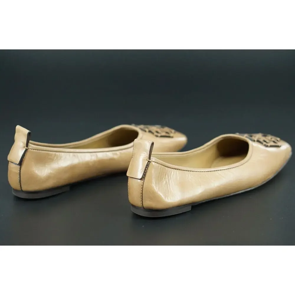 Tory Burch Ines Ballet Flat Leather Size 7.5 Square Toe Logo Tan Almond Rare